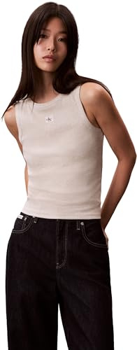 Calvin Klein Damen Tank Top Woven Label Cotton Rib mit Logo, Elfenbein (Ba01 Grey Heather), XS