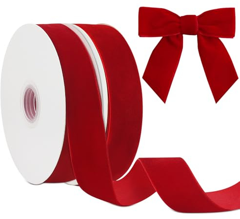 Shining She 2 Rolls Red Velvet Ribbon, 25mm/1 inch Wide Red Ribbons for Gift Wrapping, 10 Yards per roll Christmas Tree Ribbon, Wide Velvet Hair Ribbons, for Xmas Tree Bows Making