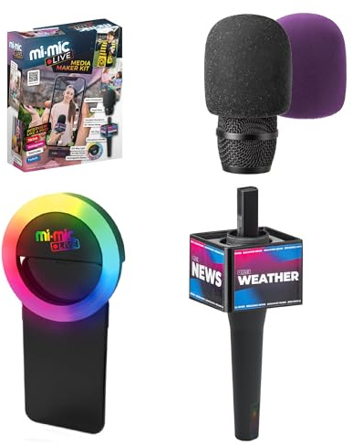 Mi-Mic Live Media Maker Kit with 25m Wireless Microphone, Clip On Lapel Mic and LED Ring Light, Youtuber and Content Creator Set for Podcasts, Vlogging and Reporting, Customisable, Kids Age 5+