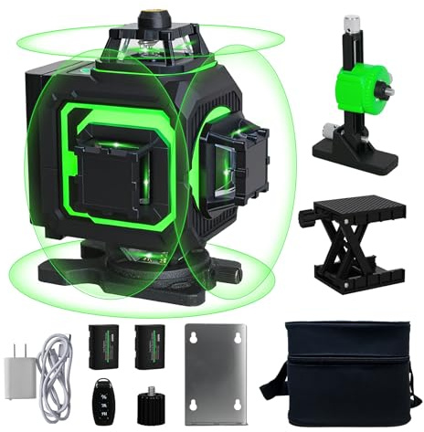 Traderight 4D Green Laser Level 360° Self-Leveling Line Tool with Remote Control, 16-Line Horizontal & Vertical Projection, IP54, Adjustable Stand, 2×2400mAh Rechargeable Batteries