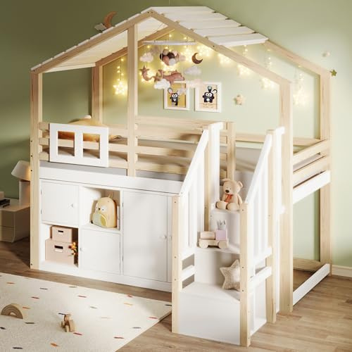TOBIDOEN Hochbett Hausbett 90x200 cm mit Dach und Bettgitter, Kinderbett mit Stauraumtreppe und Mehreren Stauschränken, für Kinder und Jugendliche Geeignet, ohne Matratze, Massivholz, Weiß + Natur