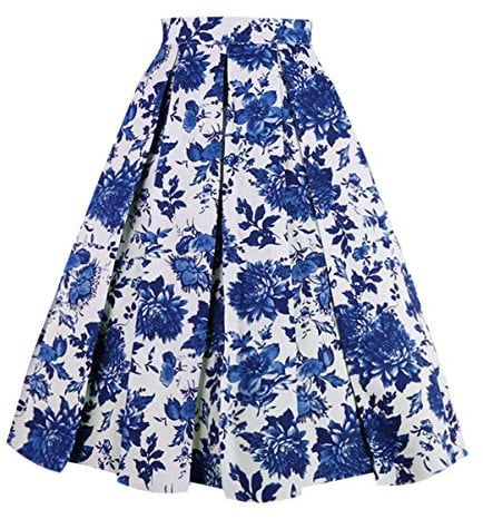 OBBUE Vintage Pleated Skirt A-line Midi Skirts Blue-White-Porcelain-L