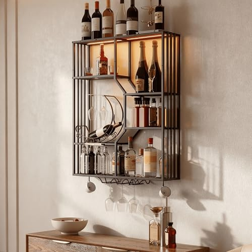 YOURLITE Weinregal Wand Schwarz, Bar Regal Hängend mit Glashalter, Metall | Weinpareite Display Rack,mit LED-Beleuchtung,Beidseitig Montierbar,für Bars,Wohnzimmer,Restaurant,Schwarz