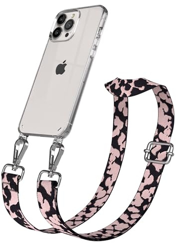 EAZY CASE Handykette - Verstellbares Taschenband kompatibel mit iPhone 13 Pro Max, Schulterriemen, Handykordel mit Silikon Hülle, Umhängetasche, Rosa Camouflage Silber