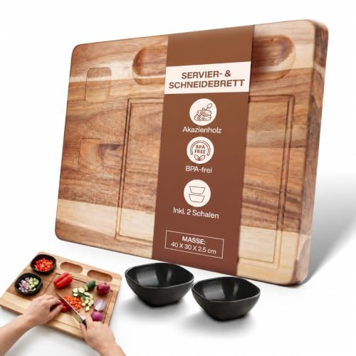 2in1 Schneidebrett & Servierbrett aus Holz mit 2 Schalen - PERSONALISIERBAR - Meal Prep Küchenbrett für Sauberes Schneiden & Stilvolles Servieren - Ideal für Küche, BBQ & Gäste