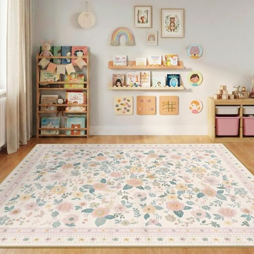 INOVADAY Waschbarer Teppich 150x210 cm Hellbeige Wohnzimmer Teppich | Schlafzimmer, Küche, Eingangshalle, Badezimmer, Esszimmer, Kurzflor, Rutschfest, Blumen Print, Boho, Weich, Pflegeleicht