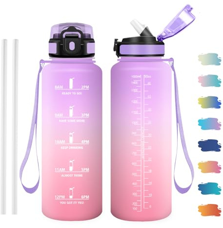 JAPORIA Trinkflasche 1.5L, Wasserflasche mit Strohhalm & Zeitmarkierung, BPA-frei, Sportflasche für Gym, Camping, Wandern, Fahrrad, Yoga, Sport