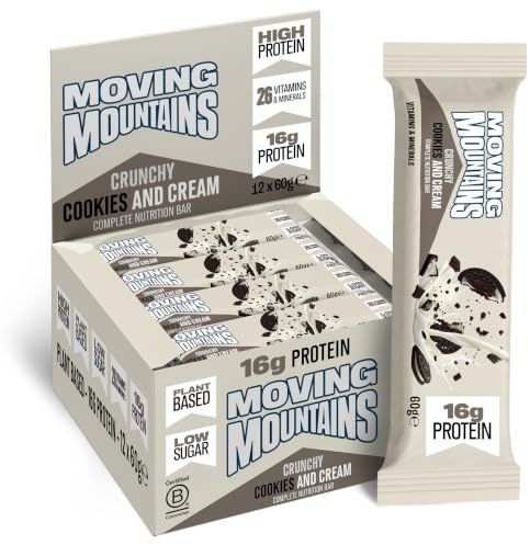 Moving Mountains Crunchy Cookies & Cream Vegan Protein Bars, 12 × 60 g | Complete Nutrition, Vegan White Chocolate, High Protein Bars, Dairy-Free, Healthy Snacks, Treats, 12 Bars × 60 g