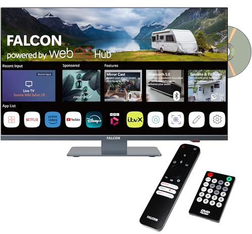 Falcon WebOS Smart TV de camping 32″ – Lecteur DVD intégré 12 V/24 V/240 V, Bluetooth 5.0, streaming, Freeview, Freesat 3 x HDMI, 2 x USB