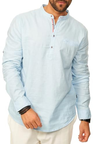 behype. Herren Leinenhemd als Langarmhemd - Freizeithemd im Regular-Fit mit Henley Stehkragen Sommerhemd - Strandhemd im Sommer-Look für Männer