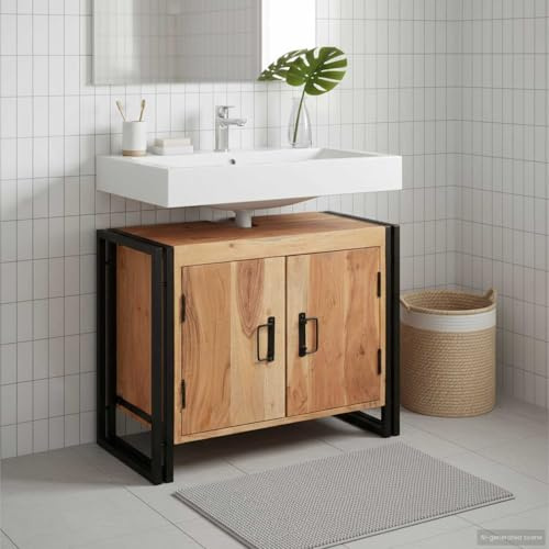 Ziaphsol Meuble sous lavabo marron en bois massif d'acacia 71 x 33 x 58 cm avec cadre en fer, 2 portes, 1 étagère, espace de rangement pour salle de bain et WC d'invités, facile d'entretien