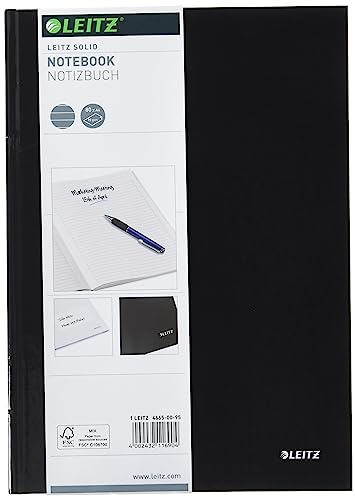 Leitz A4 Notizbuch liniert, 160 Seiten, 80 Blatt FSC zertifiziertes 80 g/m² Papier, Stabiler, kratzfester Hardcover-Einband, Für Büro, Schule oder als Tagebuch, Solid Serie, Schwarz, 46650095