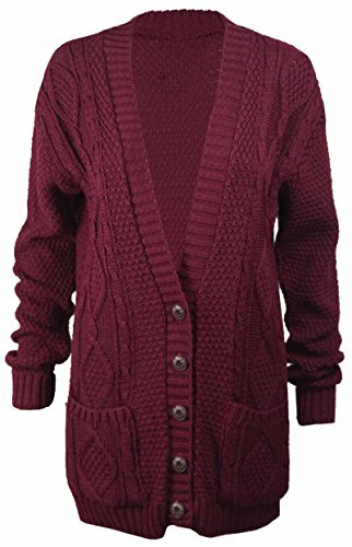 Purple Hanger New Womens Everyday Long Sleeve Button Top Ladies Chunky Aran Cable Knit Grandad Cardigan (12-14 ML, Burgundy)