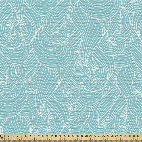 ABAKUHAUS Türkis Gewebe als Meterware, Meer inspirierte Linien, Dicht Gewebter Stoff zum Nähen Polster Wohnaccessoires, 3M (148x300cm), Hellblau Weiß