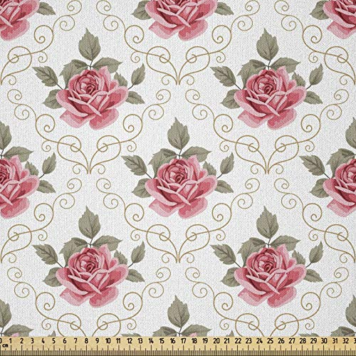ABAKUHAUS Blume Stoff als Meterware, Romantisches Shabby Chic, Microfaser Stoff für Dekoratives Basteln, 1M (230x100cm), Grün und Rosa