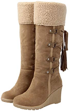 Happyyami Stivali al Ginocchio Stivali con Zeppa Invernali da Donna con Stivaletti Ampi in Pelle Scamosciata Foderati in Pelliccia nappati Nero Beige Marrone
