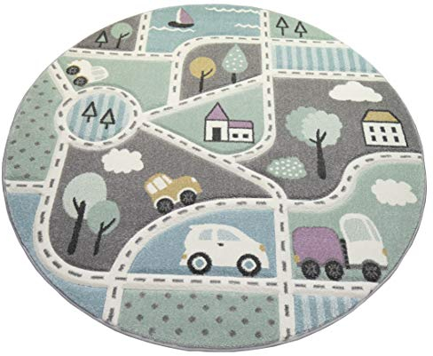 Kinderteppich Straßenteppich Lernteppich Junge mit Straßen und Autos blau grün Größe 160 cm Rund