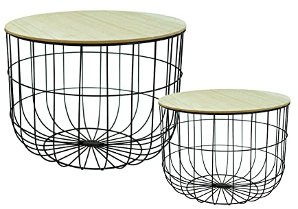 NOOR Handels GmbH 2 TLG. Beistelltisch Set Drahtgestell MDF Metall Rund Couchtisch (Ø 37/31 cm)