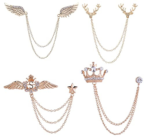 XHBTS 4 chaînes à double maillons en forme de tête de cerf avec strass en métal et plume, broche en forme de couronne avec chaîne de suspension, broche en cristal d'aigle pour cravate