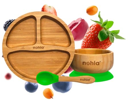 nohla ® - Bamboo Baby & Toddler Suction Plate, Bowl & Silicone Spoon Weaning Set - Suction Ring for Secure Grip on Smooth Surfaces - Eco-Friendly, BPA-Free - Green