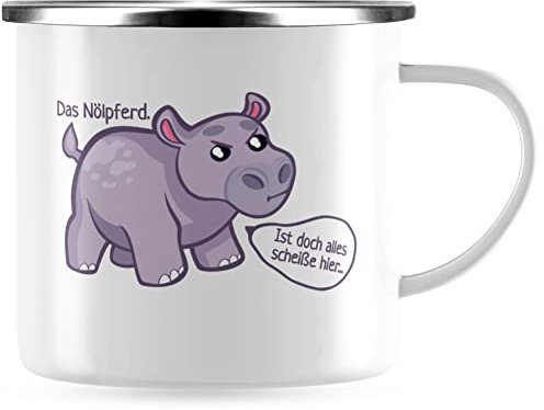 JUNIWORDS Emaille-Tasse, Das Nölpferd, Silberner Tassenrand