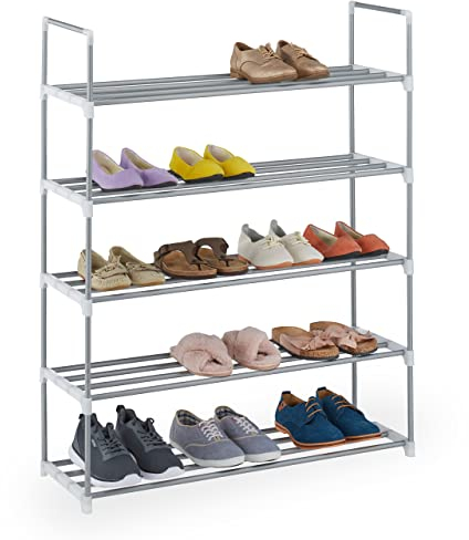 Relaxdays Schuhregal Stecksystem, 5 Ebenen, 20 Paar Schuhe, HxBxT: 114,5 x 90 x 31 cm, Schuhständer Metall, silber/weiß
