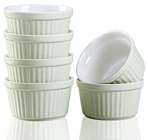 YAZYLIFE Ramekins 6oz Oven Safe,Creme Brulee Ramekin and Souffle Dishes,Porcelain Baking Bowls,Dipping Sauce Dish.Pudding Cups,Set of 6,Green.