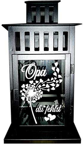 Kilala Trauer Laterne Outdoor, Grablicht personalisiert, Trauerlicht 28 cm, Gedenklicht für Verstorbene mit Schriftzug Opa Pusteblume