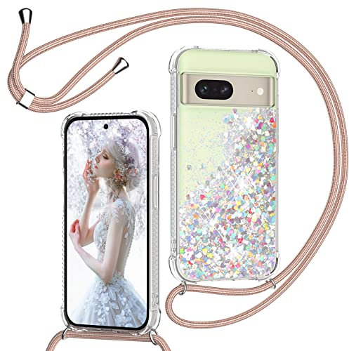 TUUTPU Handyband Hülle für Google Pixel 7 mit Band, Glitzer Treibsand Handyhülle mit Kordel zum Umhängen Transparent Stoßfest Schutzhülle mit Kette Schnur, Quicksand Necklace Case in Roségold