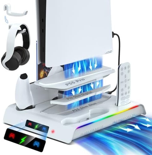 For PS5/PS5 Slim/PS5 Pro Stand and Cooling Station with Dual Controller Charging Station for PlayStation 5 Console, PS5 Accessories Incl. Controller Charger