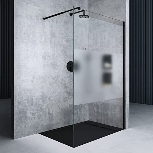 Mai & Mai Paroi de Douche 50x200 Douche à L'italienne Transparent avec Bande Opaque Profilé Noir BR2MS Pare-douche en Verre Trempé 10mm Revêtement Nano Easy Clean