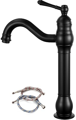 gotonovo Vintage Bathroom Vessel Sink Faucet, Matte Black, No Drain | Tall Bathroom Faucet 1 Hole Single Handle, 360° Swivel Spout, cUPC Water Lines, Lead-Free, for Farmhouse Vanity Washbasin RV