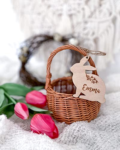 minimutz Kinder-Korb zu Ostern mit personalisiertem Holz-Anhänger | Osterkorb Geschenkanhänger Hase für Kinder | Personalisiertes Osternest zum Befüllen (XS)
