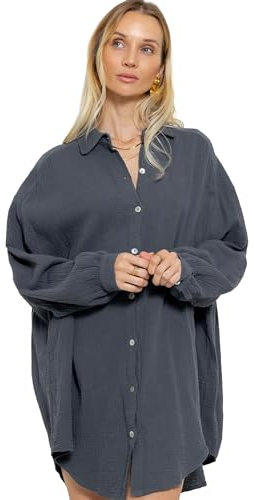 SASSYCLASSY Oversize Musselin Bluse Damen Langarm - Oversized Freizeit Look - Hemdbluse lang aus Baumwolle mit V Ausschnitt - Long-Bluse One Size (Gr. 36-48) Dunkelgrau