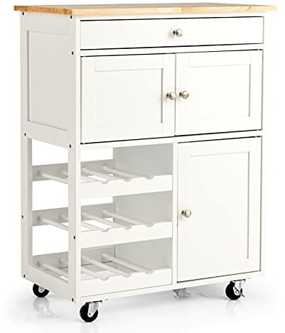 GOPLUS Desserte de Cuisine à roulettes, Chariot de Cuisine en Bois avec Casiers à Vin 3 Niveaux pour 9 Bouteilles, Tiroir et 2 Placards, 67 x 37 x 86 CM, Blanc