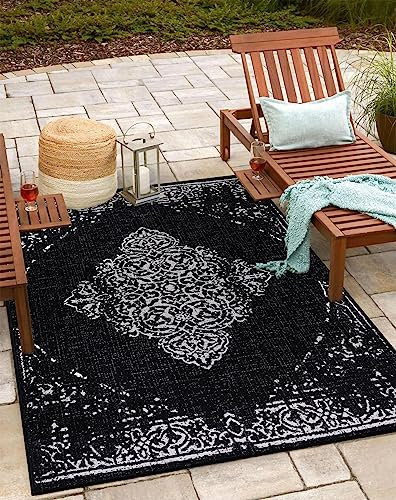 Teppium Outdoor Teppich Wetterfest 300x400 (280 x 370 cm) Schwarz Sisal Optik - Küchenteppich Waschbar, Wasserfest, Vintage Design, Pflegeleicht - Ideal für Balkon, Terassen, Garten, Camping und Küche