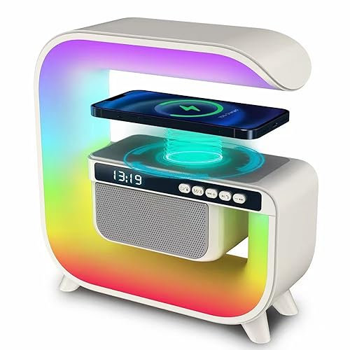 HTONVK Table Lamp with Wireless Charger, Ambient Lighting with Bluetooth Speakers, 15w Charger, Dazzling Running Lights Table Lamps, Colour Changing Bedside Lamp, Mood Lighting/Gifts