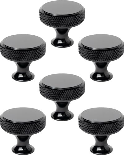 Kitston Gerändelte, verbesserte Griffknöpfe, ideal für Küchenschränke, Schubladen, Kommoden, Kleiderschränke und Badezimmerschränke, schwarz, 6 Stück (gerändelt schwarz A), KNOBKG6PK