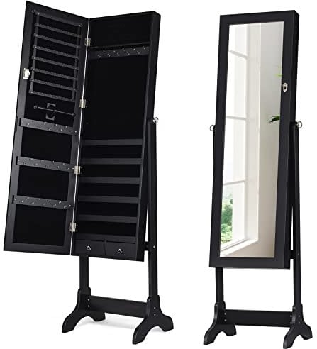 RELAX4LIFE Jewellery Cabinet, 2 in 1 Lockable Jewelry Armoire with Full-Length Mirror, 4 Angles Adjustable Makeup Cosmetic Storage Organizer Unit for Bedroom Dressing Room (Black)