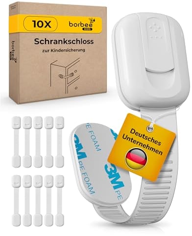 borbee - 10er Set Universal Kindersicherung Schrank & Schubladensicherung (verstellbar) Extra starker Halt - Baby & Kinder Schranksicherung für Schublade, Schranktür, Kommode, Backofen, Klodeckel