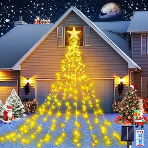 JIMACRO Luces Decorativas Solares de Navidad - 9Pcs 2M Cascada 198 LEDs, 8 Modos Impermeable Con Estrella para Árbol, Bodas, Jardín