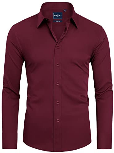 DEMEANOR Mens Dress Shirts - Long Sleeve, Slim Fit, Non-Iron, Formal & Casual Wine Red