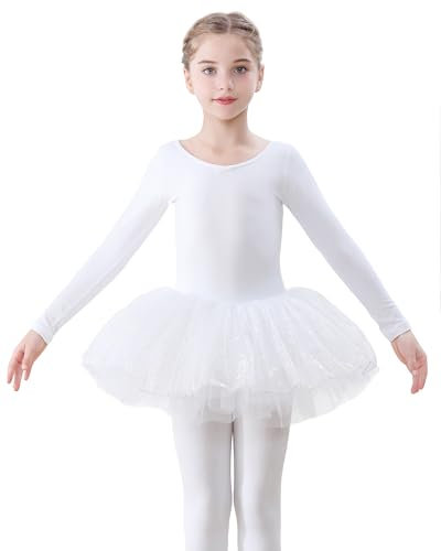 FONLAM Robe de Ballet Danse pour Fille Justaucorps Danse Ballet Coton Manche Longue Tutu Ballet Paillettes Enfant (Blanc, 6-7 ans)