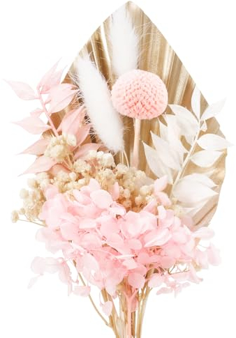 Xialvyu Dried Flowers Bouquet, Pink Real Dried Flowers for Cakes, Gold Palm Leaves Cake Topper, Cake Insert Decorations for Wedding Birthday Party Baby Shower Valentine's Day