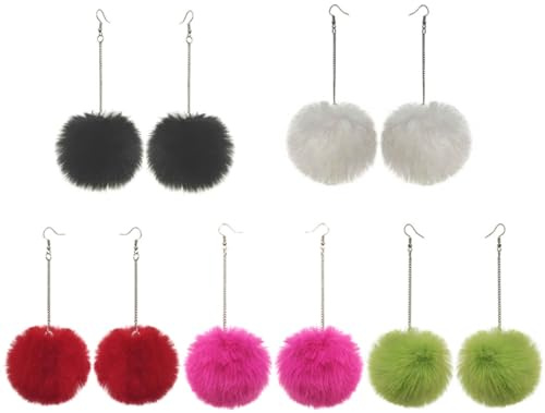 Damen baumelnde flauschige Kunstpelz Kugel Ohrringe: Pom Pom Ohrringe Set von 5 Paar, Kunstleder, Kein Edelstein