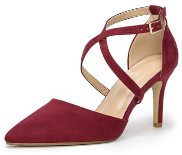 Hoefirm Womens Stiletto Pointed Toe Pumps Cross Strap Court Shoes High Heels Sexy Party Shoes Suede Red 5uk