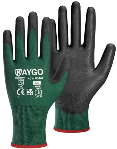 KAYGO Work Gloves PU Coated with Good Grip for Men and Women, KG11PDG | 12 Pairs Safety Working Gloves, 13G Seamless Knit, Breathable and Lightweight, Ideal for General Duty (Dark Green, Small)