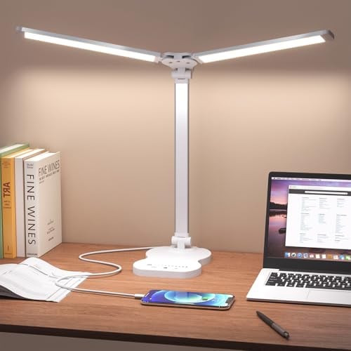 Aisutha Schreibtischlampe led,Double Arm Schreibtischlampe mit 5 Farben&10 Helligkeitsstufen,Schreibtisch Lampe mit 45min Timer-Off,Touch-Steuerung Led Tischlampe für Studium (Weiß)