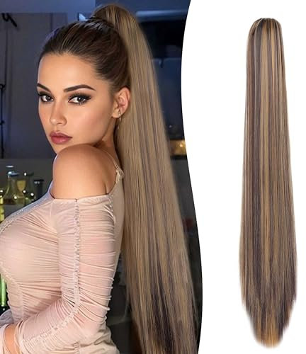 Gairyan 60cm Pferdeschwanz Haarteil Zopf Extensions Lang Glatt Klammer Claw Clip in Ponytail Extensions Synthetik Haare Extensions Gerade Haarteil Haarverlängerung (Dunkelblond & Mittelbraun)