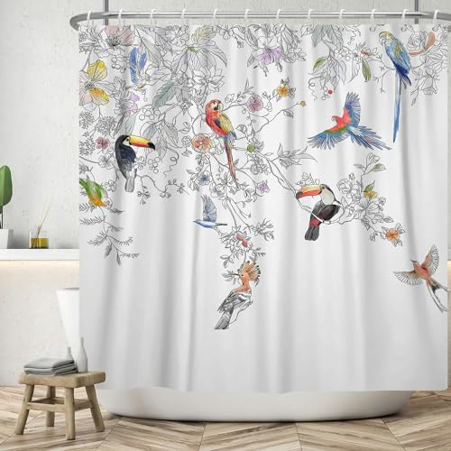 ASDCXZ Blumen Duschvorhang 240x180 cm, Frühling Blumen Blätter Bunt Vögel Papagei Weiß Bad Waschbar Duschvorhänge Badevorhang Polyester Textil Wasserdicht Duschvorhang für Badewanne mit 12 Haken